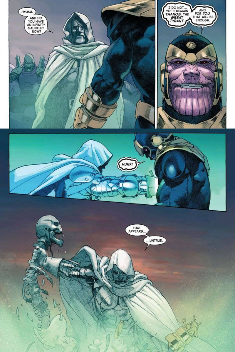 Recordemos aquella ocasión en la que el Dr. Doom le arrancó a Thanos la espina dorsal en Secret Wars.